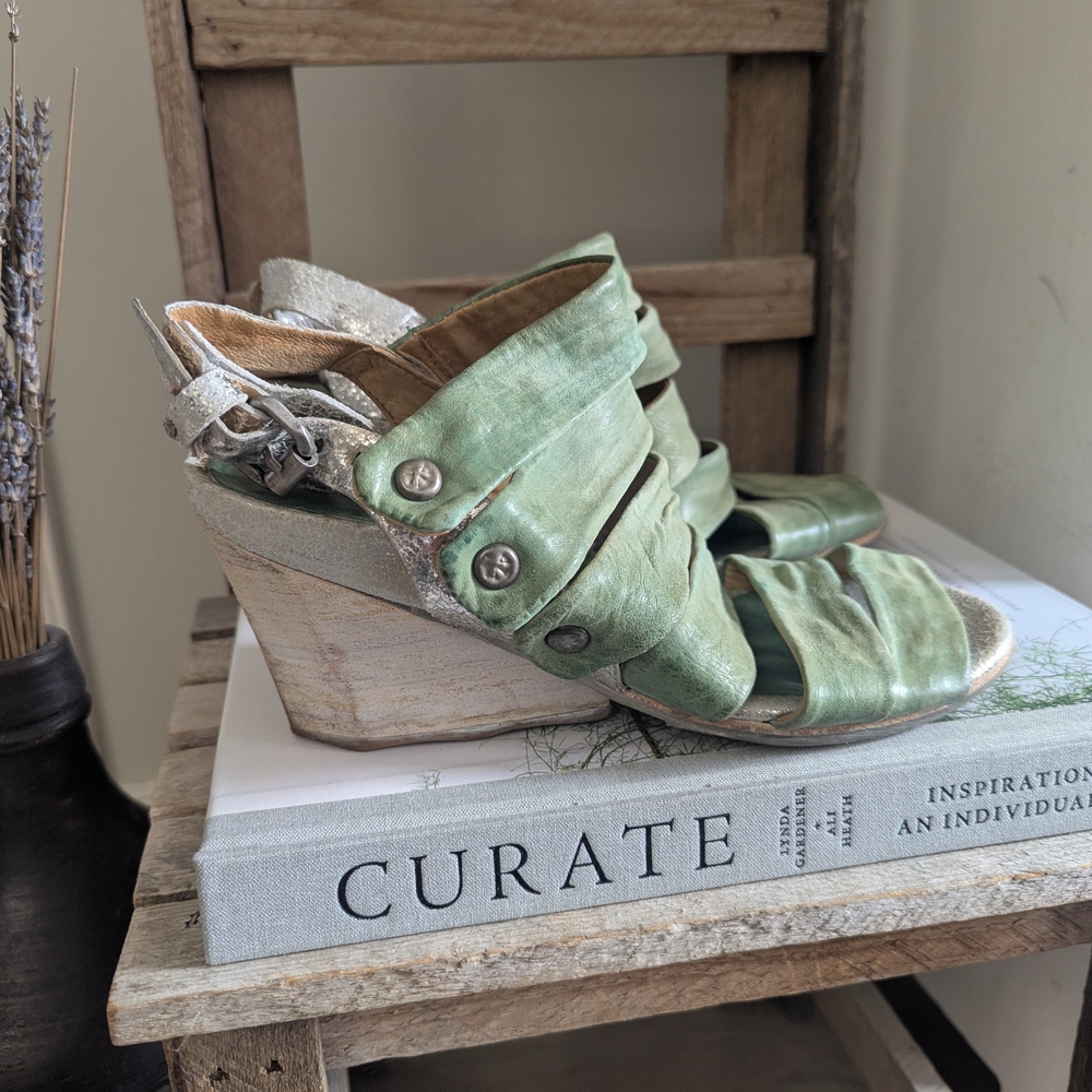 A.S.98 Distressed Leather Strappy Wedge Sandals